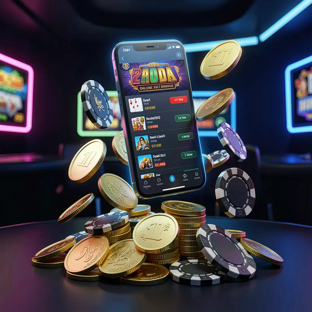 66Q9 online casino app promotion banner featuring a phone floating above golden coins and poker chips with a dark blue and black background and cinematic neon glow in a realistic 3D render