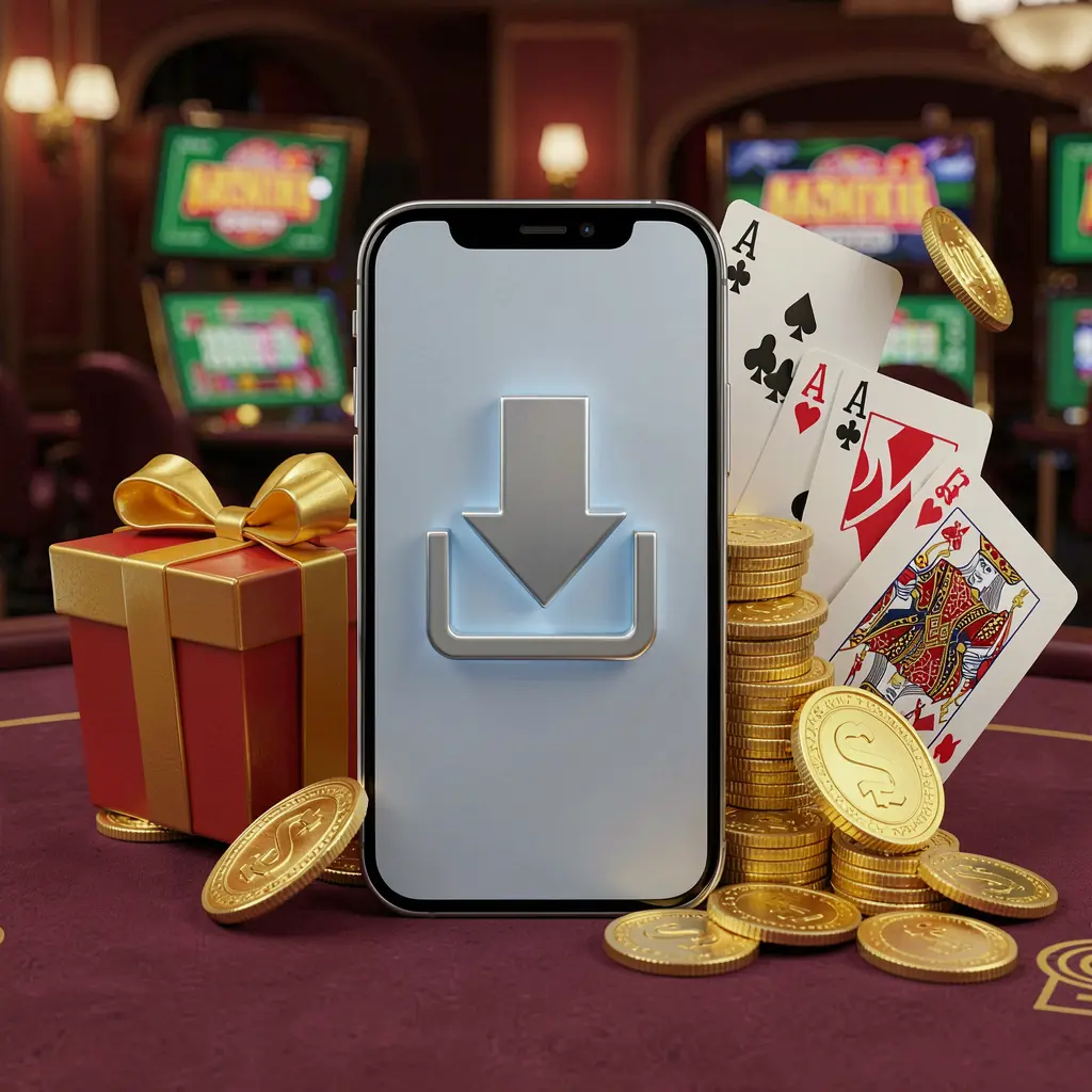 Realistic 3D illustration of a smartphone displaying a download icon surrounded by golden coins, a gift box, and playing cards in a modern mobile gaming atmosphere featuring the 66Q9 casino app