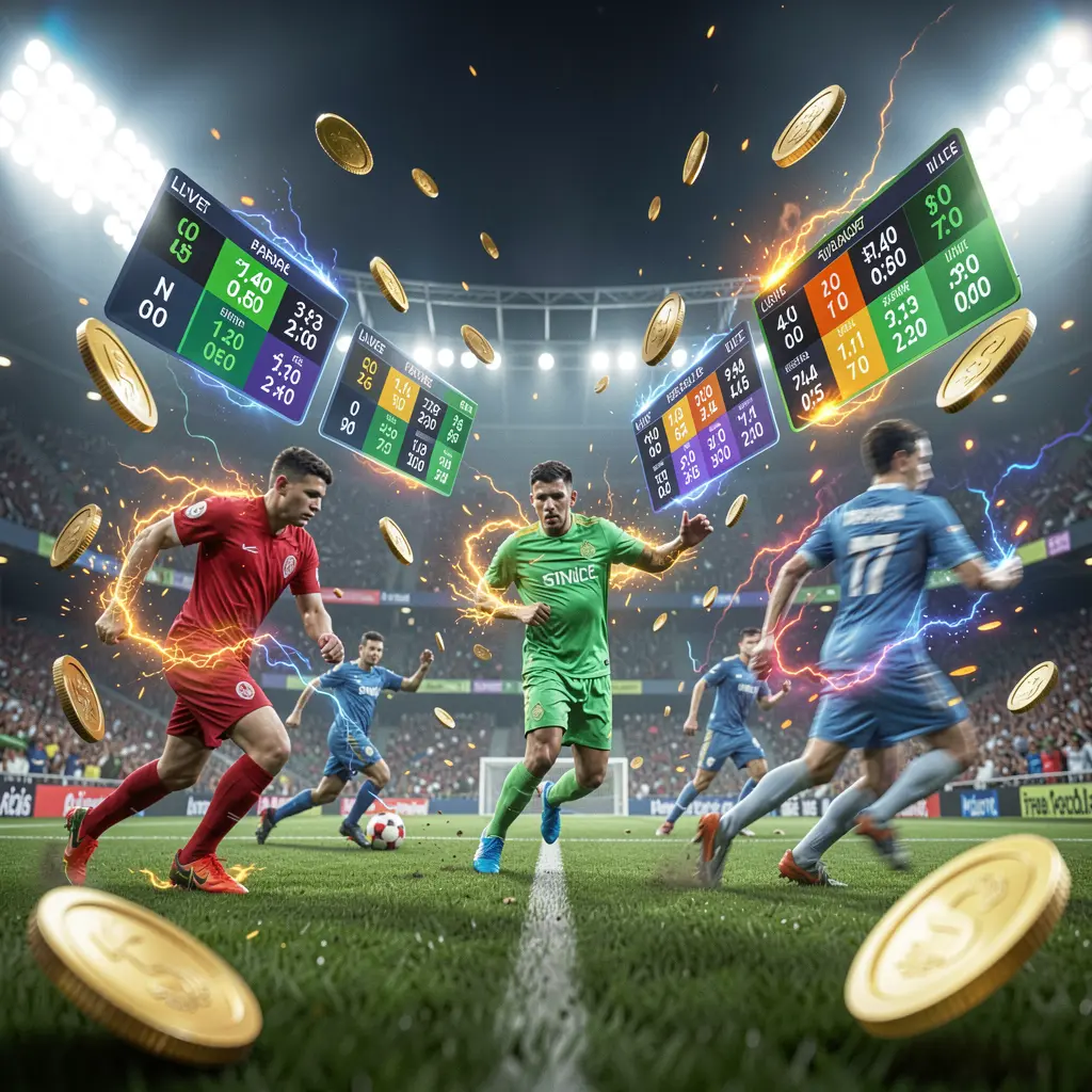 66Q9 live football betting concept showing a soccer stadium with bright lights, blurred players in action, floating odds panels, coins, and dynamic energy effects in a premium cinematic render
