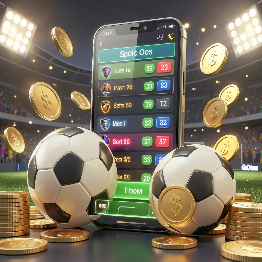 66Q9 modern football betting visual with smartphone displaying glowing sports odds interface, soccer ball, golden coins, and stadium lights in premium 3D illustration