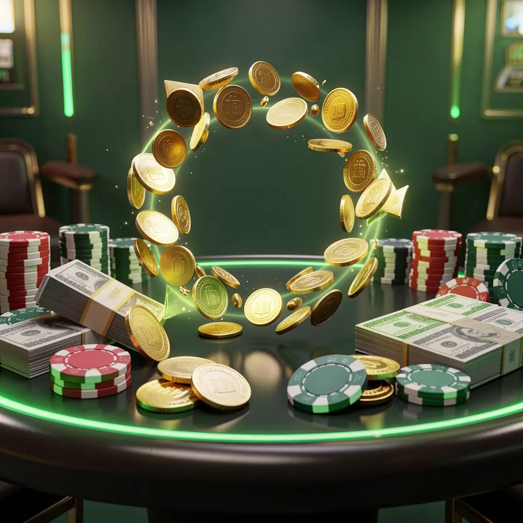 66Q9 casino cashback bonus visual showing golden coins returning in a circular arrow motion with poker chips and cash bundles on a glossy dark table, highlighted by glowing green and gold accents in a premium online casino style with cinematic lighting