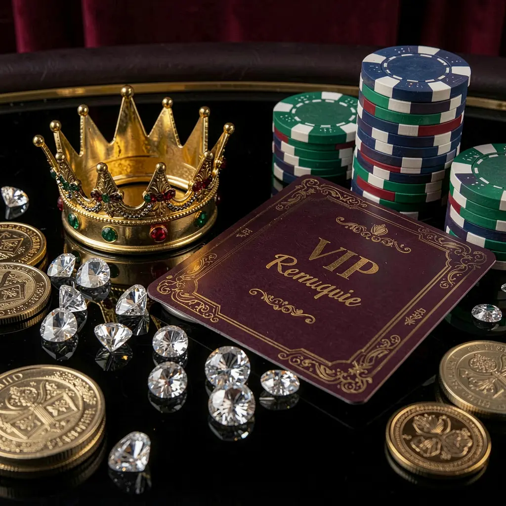 66Q9 VIP casino bonus concept featuring a golden crown, luxury membership card, poker chips, diamonds, and coins arranged on a glossy black table in an elegant premium style