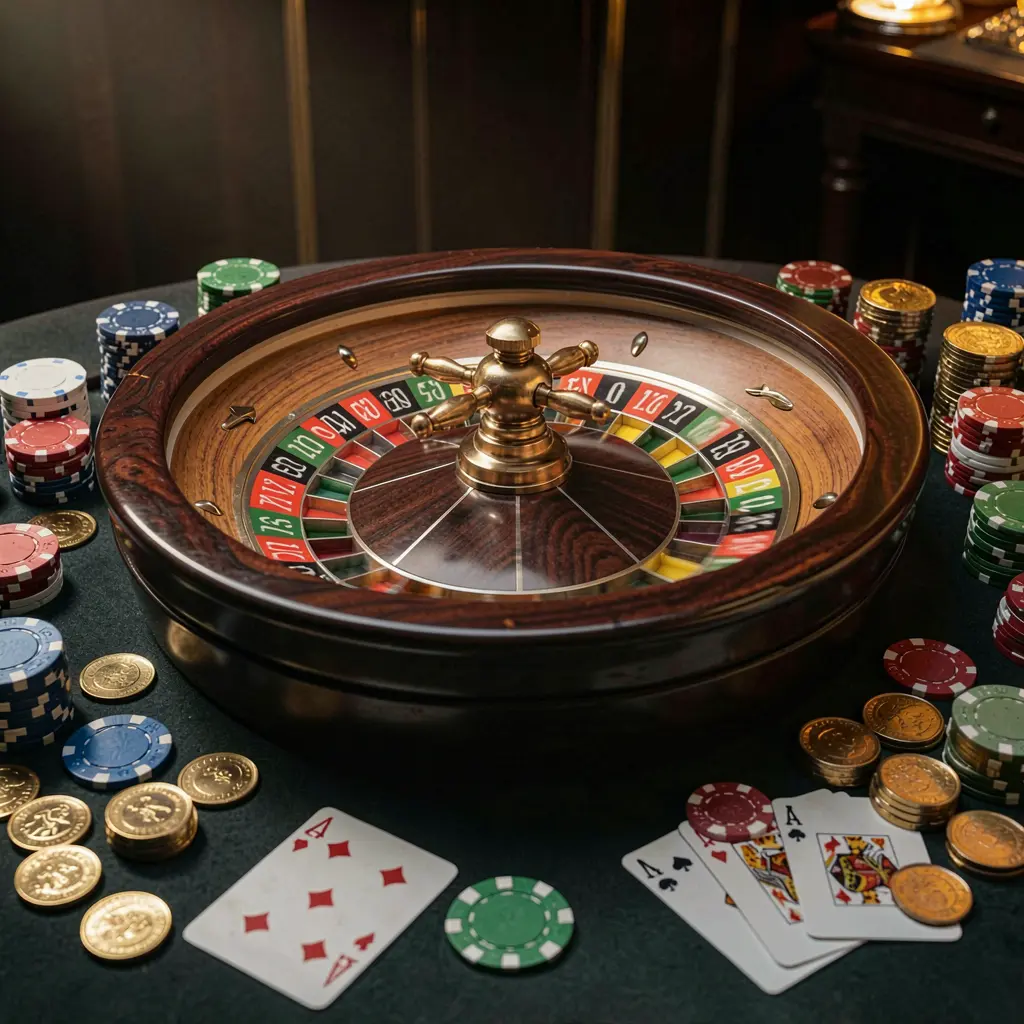 Classic casino scene featuring a spinning roulette wheel, scattered chips, playing cards, and coins on a table with elegant dark background and cinematic lighting, showcasing the 66Q9 brand ambiance