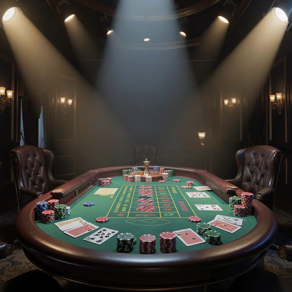 66Q9 live casino scene featuring a roulette table, playing cards, and chips under glowing spotlights with a dark elegant background in a cinematic 3D style