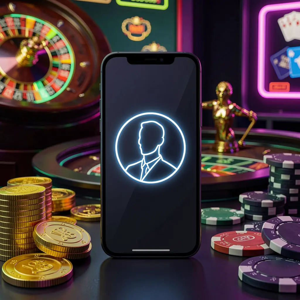 Modern phone displaying glowing profile icon for 66Q9 online casino sign in, set against a premium dark neon background with roulette lights, golden coins, and poker chips