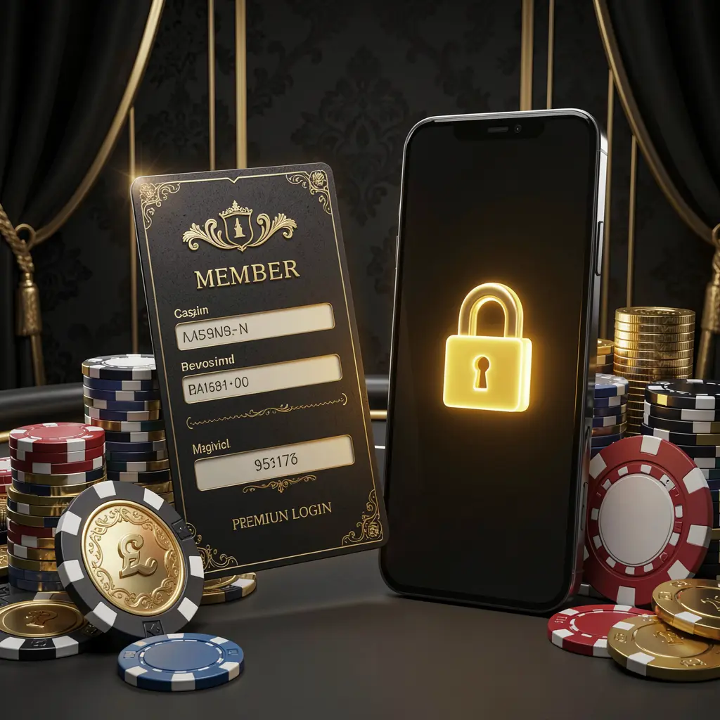 66Q9 casino member login concept featuring a premium membership card beside a smartphone with a glowing lock symbol, poker chips and coins on a black and gold luxury background in a realistic 3D illustration