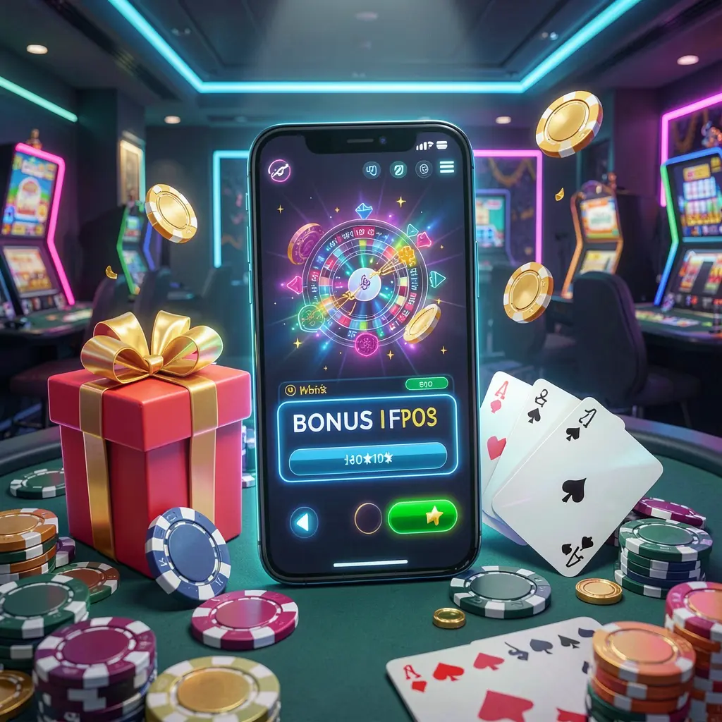 Modern casino website hero scene featuring a smartphone with glowing interface surrounded by bonus gift box, chips, coins, and playing cards in a premium neon casino style by 66Q9